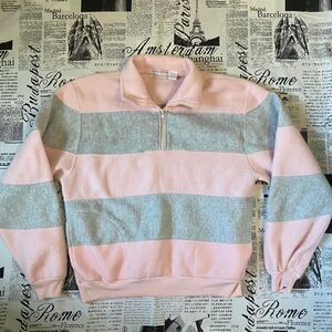 Stefano Pink grey striped sherpa pullover sweatshirt vintage 80s fleece lounge